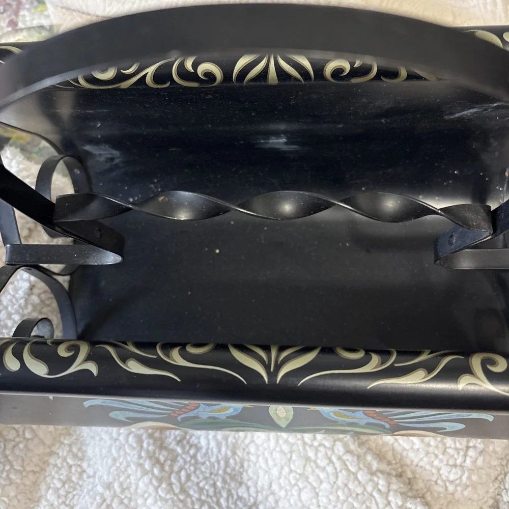 Vtg Black Tole Hand Painted Floral Birds Flowers Wrought Metal Magazine Holder